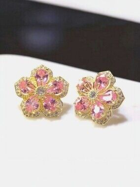 Cute Pink Cubic Zirconia Flower Stud Earings